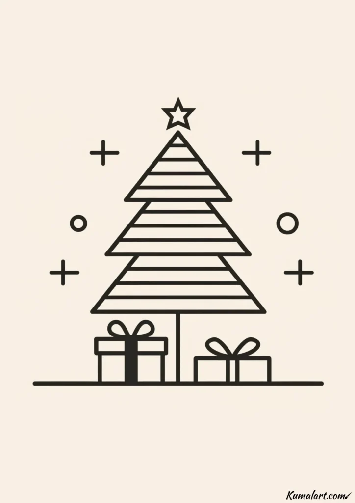easy cute striped tree with presents drawing ideas