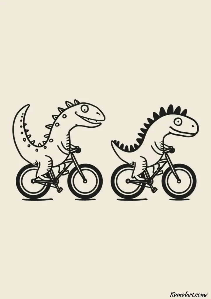 easy cute dinosaur duo on bikes drawing ideas